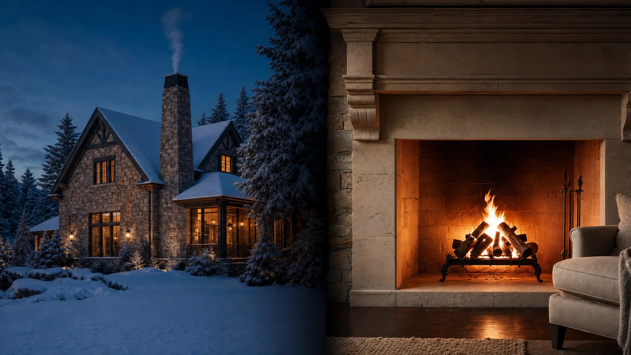 AI-generated brand scene: a snow-covered home beside a glowing fireplace